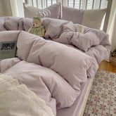 Sophia Gingham Lace Washed Cotton Bedding Set - Purple